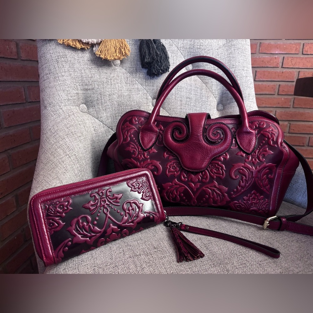 PIJUSHI Embossed burnt Red Leather Satchel & Wallet Set🥰🥰❤️❤️❤️‼️